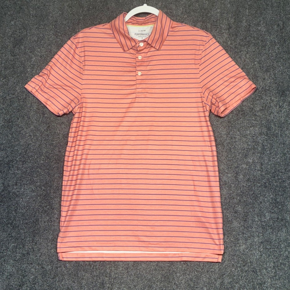 J.Crew Performance Polo Shirt Mens Small Coral Navy Blue Striped Preppy Golf